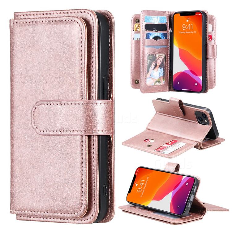 Multi-function Ten Card Slots and Photo Frame PU Leather Wallet Phone Case Cover for iPhone 13 (6.1 inch) - Rose Gold