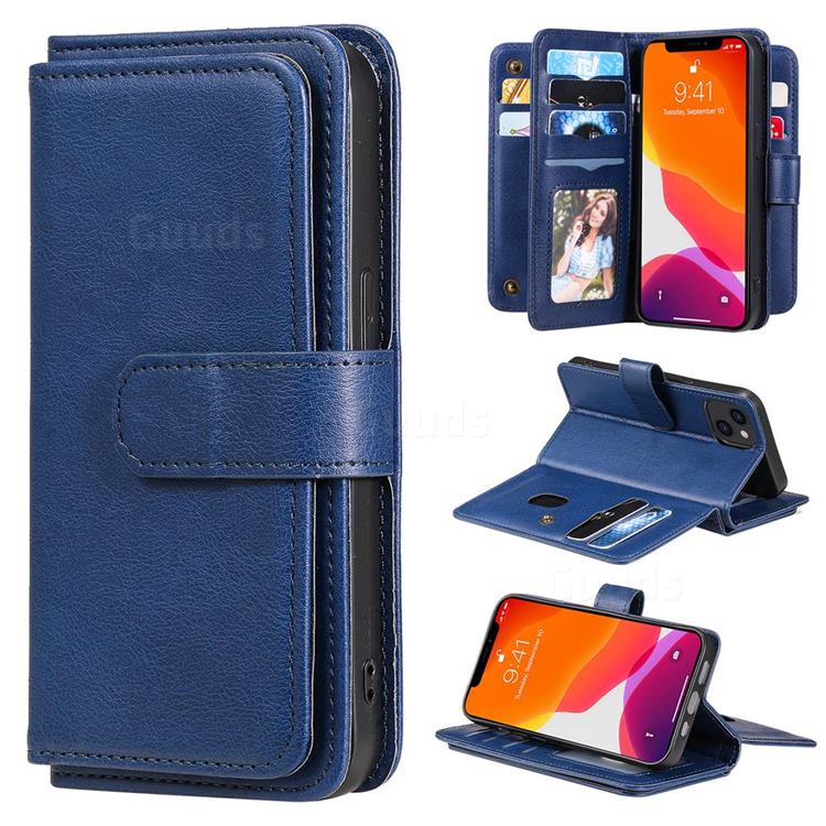 Multi-function Ten Card Slots and Photo Frame PU Leather Wallet Phone Case Cover for iPhone 13 (6.1 inch) - Dark Blue