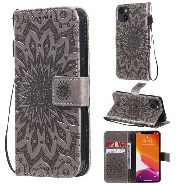 Embossing Sunflower Leather Wallet Case for iPhone 13 (6.1 inch) - Gray