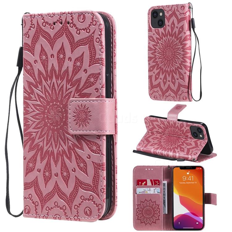 Embossing Sunflower Leather Wallet Case for iPhone 13 (6.1 inch) - Pink