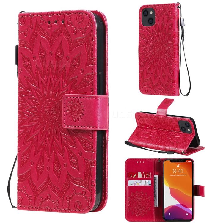 Embossing Sunflower Leather Wallet Case for iPhone 13 (6.1 inch) - Red