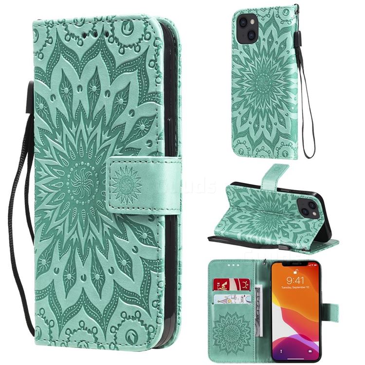 Embossing Sunflower Leather Wallet Case for iPhone 13 (6.1 inch) - Green