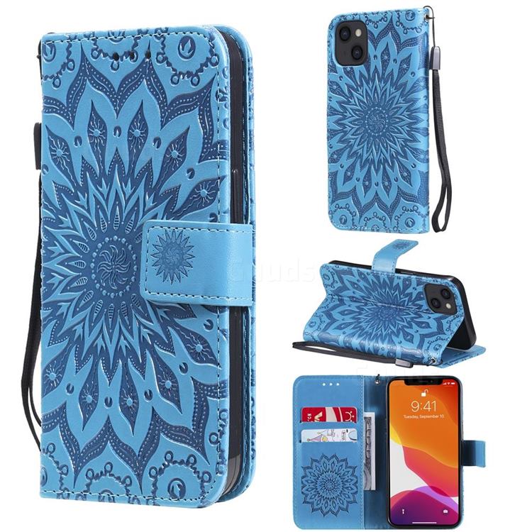 Embossing Sunflower Leather Wallet Case for iPhone 13 (6.1 inch) - Blue