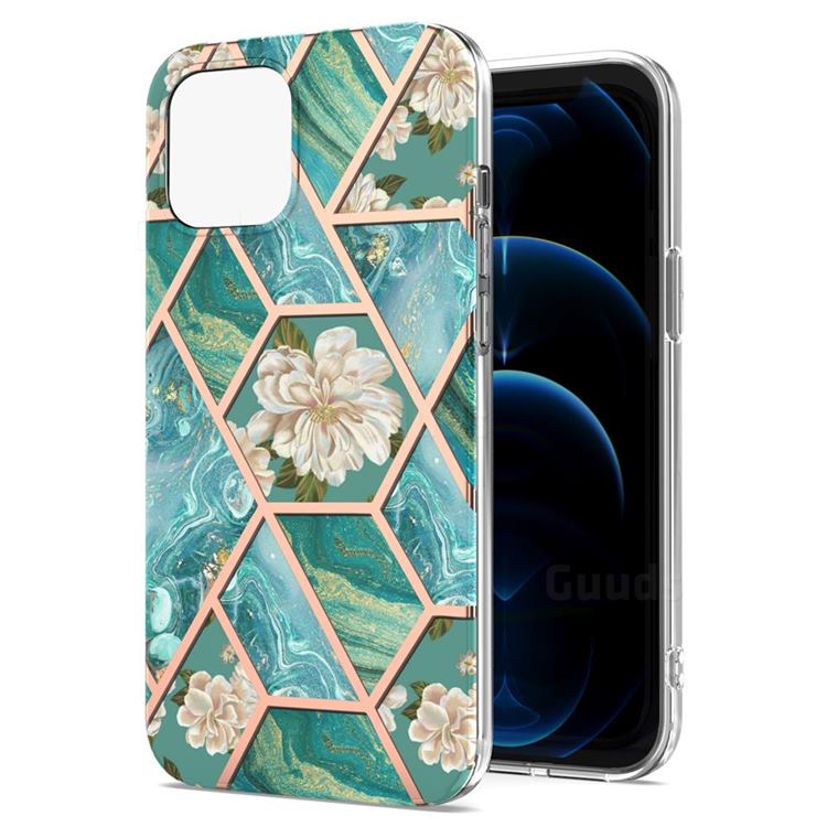 Blue Chrysanthemum Marble Electroplating Protective Case Cover for iPhone 13 (6.1 inch)