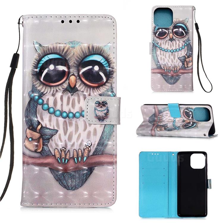 Sweet Gray Owl 3D Painted Leather Wallet Case for iPhone 13 (6.1 inch)