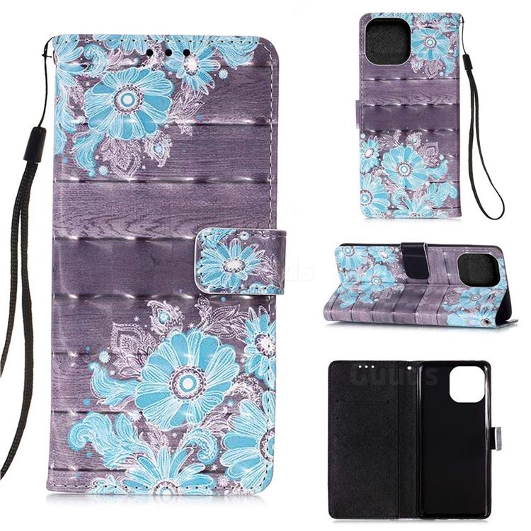 Blue Flower 3D Painted Leather Wallet Case for iPhone 13 (6.1 inch)