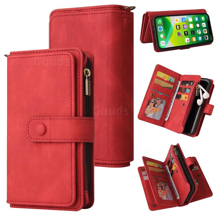 Luxury Multi-functional Zipper Wallet Leather Phone Case Cover for iPhone 13 (6.1 inch) - Red