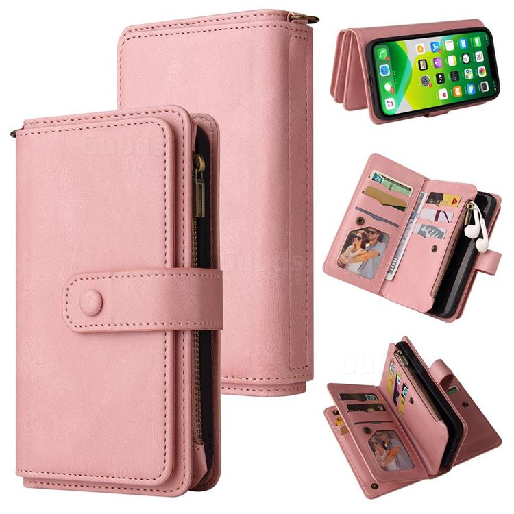 Luxury Multi-functional Zipper Wallet Leather Phone Case Cover for iPhone 13 (6.1 inch) - Pink