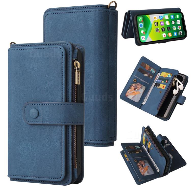 Luxury Multi-functional Zipper Wallet Leather Phone Case Cover for iPhone 13 (6.1 inch) - Blue