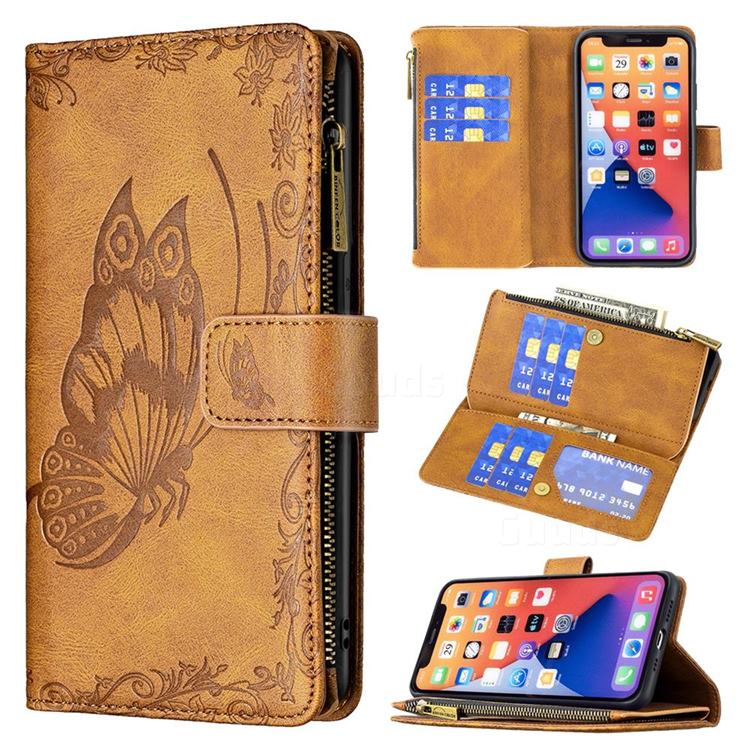 Binfen Color Imprint Vivid Butterfly Buckle Zipper Multi-function Leather Phone Wallet for iPhone 13 (6.1 inch) - Brown
