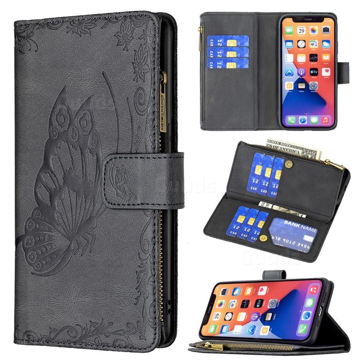 Binfen Color Imprint Vivid Butterfly Buckle Zipper Multi-function Leather Phone Wallet for iPhone 13 (6.1 inch) - Black