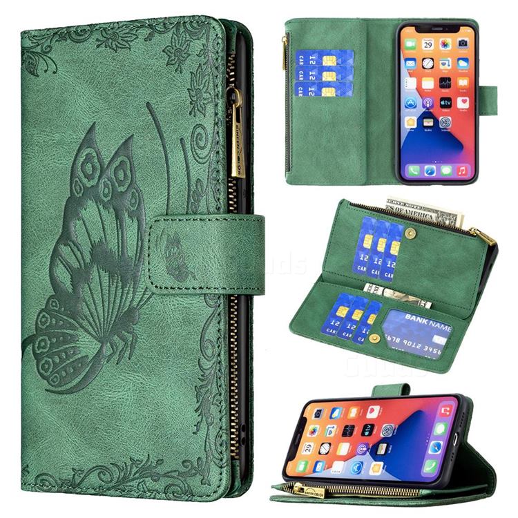 Binfen Color Imprint Vivid Butterfly Buckle Zipper Multi-function Leather Phone Wallet for iPhone 13 (6.1 inch) - Green