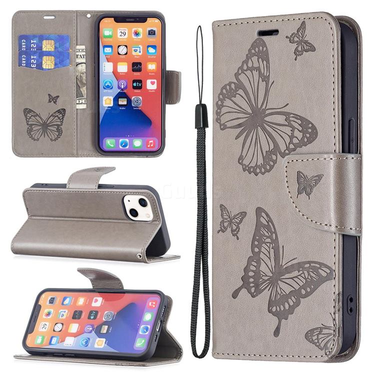 Embossing Double Butterfly Leather Wallet Case for iPhone 13 (6.1 inch) - Gray