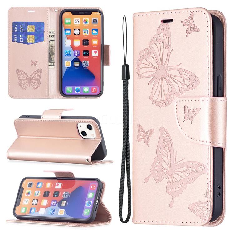 Embossing Double Butterfly Leather Wallet Case for iPhone 13 (6.1 inch) - Rose Gold