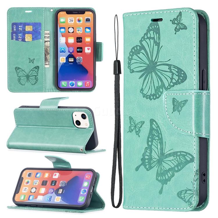 Embossing Double Butterfly Leather Wallet Case for iPhone 13 (6.1 inch) - Green