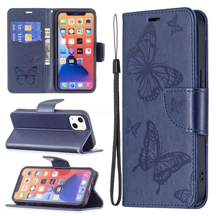 Embossing Double Butterfly Leather Wallet Case for iPhone 13 (6.1 inch) - Dark Blue