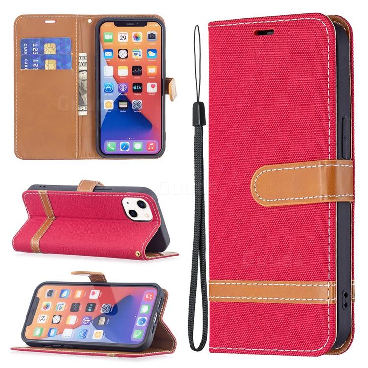Jeans Cowboy Denim Leather Wallet Case for iPhone 13 (6.1 inch) - Red