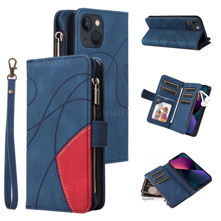 Luxury Two-color Stitching Multi-function Zipper Leather Wallet Case Cover for iPhone 13 (6.1 inch) - Blue