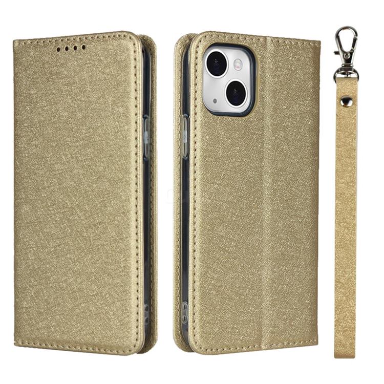 Ultra Slim Magnetic Automatic Suction Silk Lanyard Leather Flip Cover for iPhone 13 (6.1 inch) - Golden