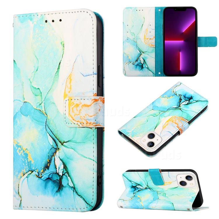 Green Illusion Marble Leather Wallet Protective Case for iPhone 13 (6.1 inch)