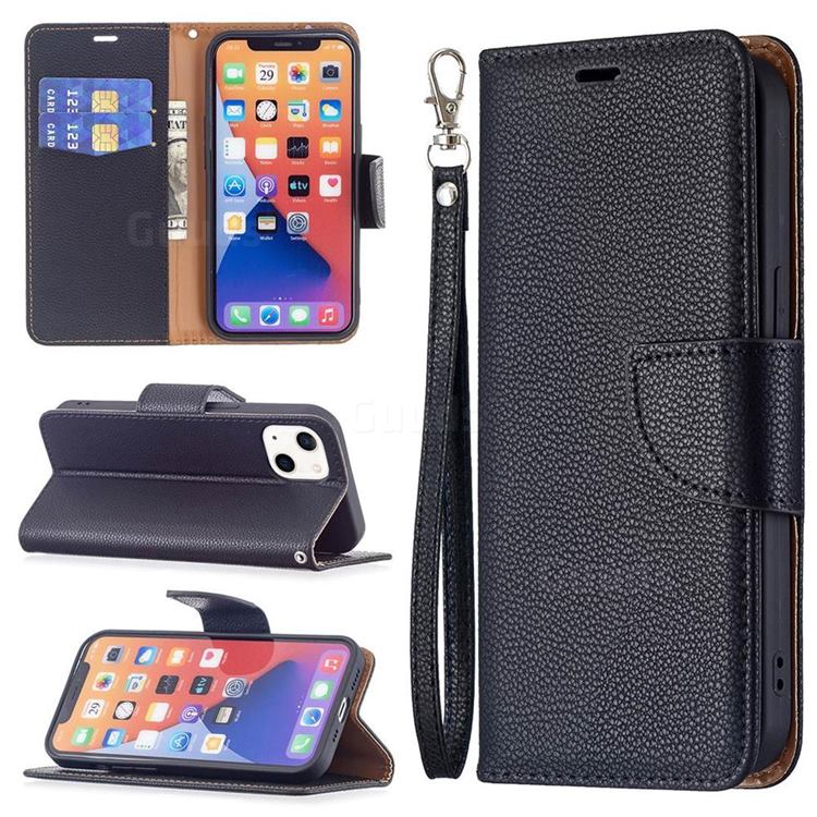 Classic Luxury Litchi Leather Phone Wallet Case for iPhone 13 (6.1 inch) - Black