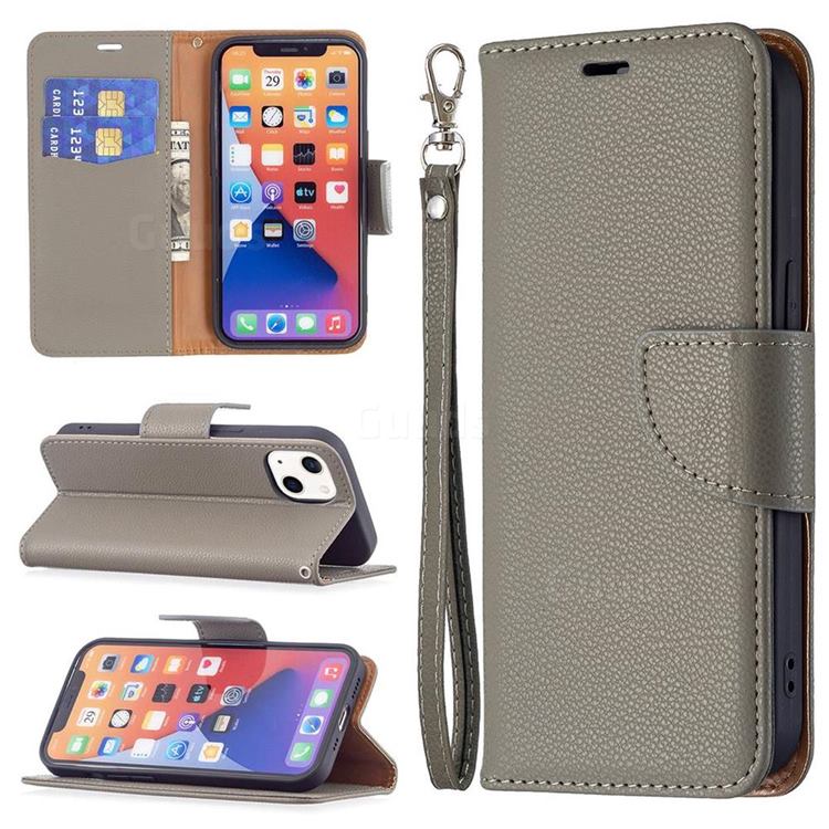 Classic Luxury Litchi Leather Phone Wallet Case for iPhone 13 (6.1 inch) - Gray