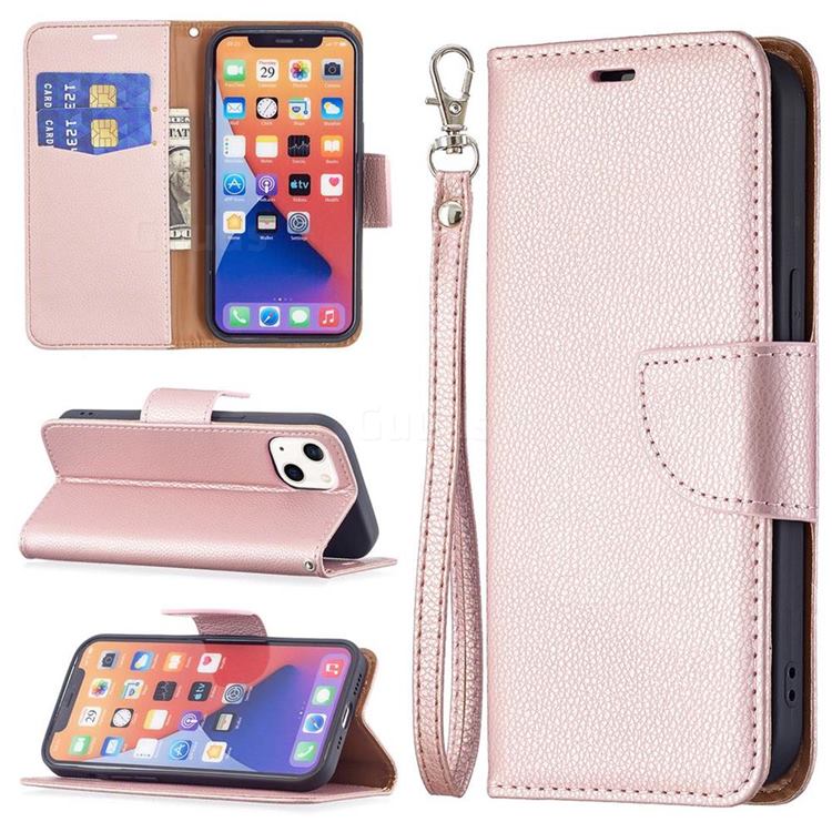 Classic Luxury Litchi Leather Phone Wallet Case for iPhone 13 (6.1 inch) - Golden