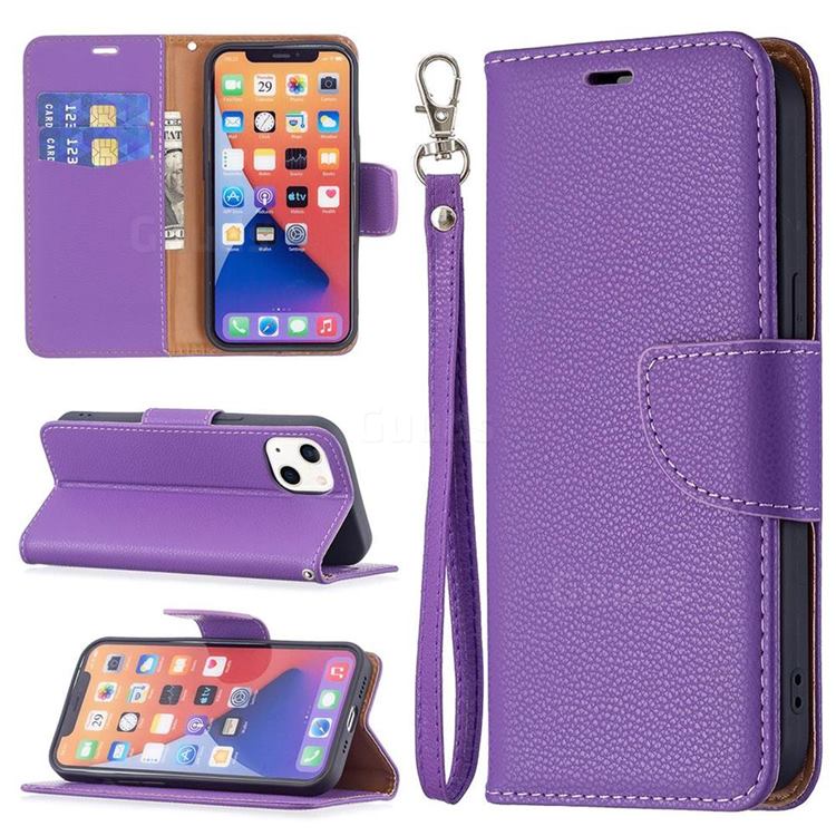 Classic Luxury Litchi Leather Phone Wallet Case for iPhone 13 (6.1 inch) - Purple