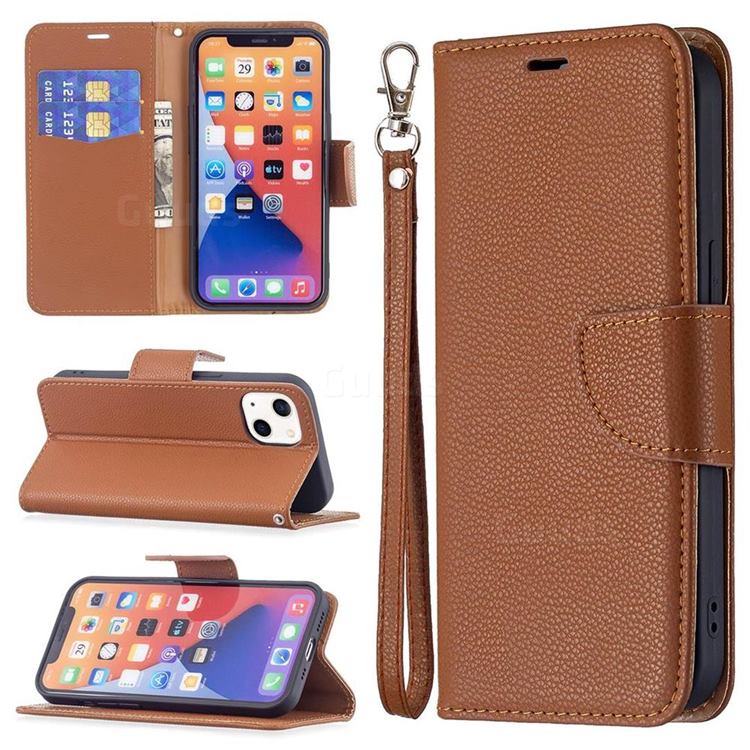 Classic Luxury Litchi Leather Phone Wallet Case for iPhone 13 (6.1 inch) - Brown