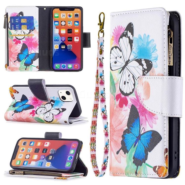 Vivid Flying Butterflies Binfen Color BF03 Retro Zipper Leather Wallet Phone Case for iPhone 13 (6.1 inch)