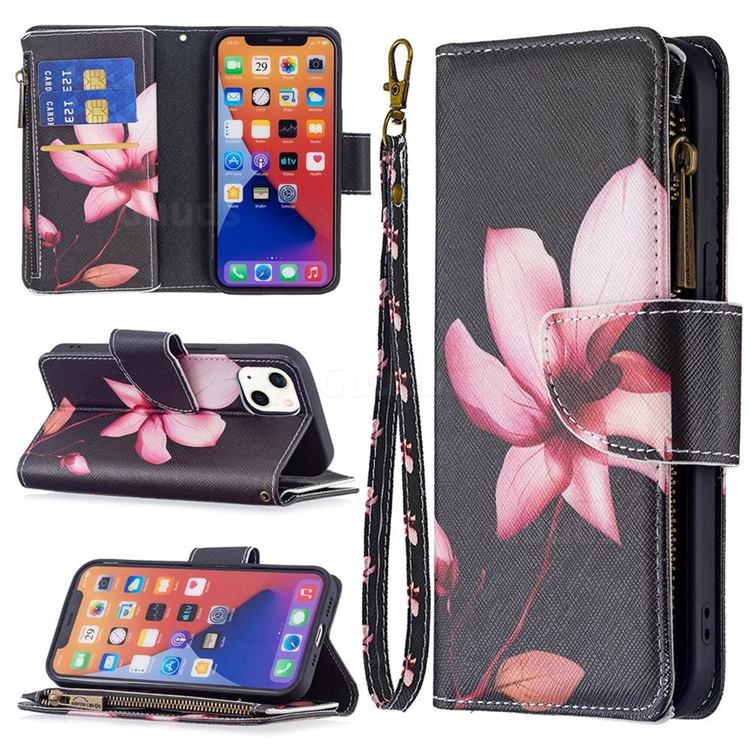 Lotus Flower Binfen Color BF03 Retro Zipper Leather Wallet Phone Case for iPhone 13 (6.1 inch)