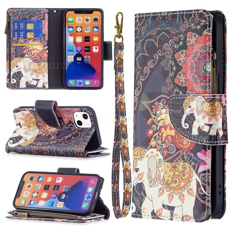 Totem Flower Elephant Binfen Color BF03 Retro Zipper Leather Wallet Phone Case for iPhone 13 (6.1 inch)