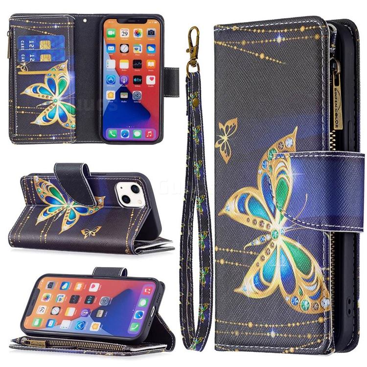 Golden Shining Butterfly Binfen Color BF03 Retro Zipper Leather Wallet Phone Case for iPhone 13 (6.1 inch)