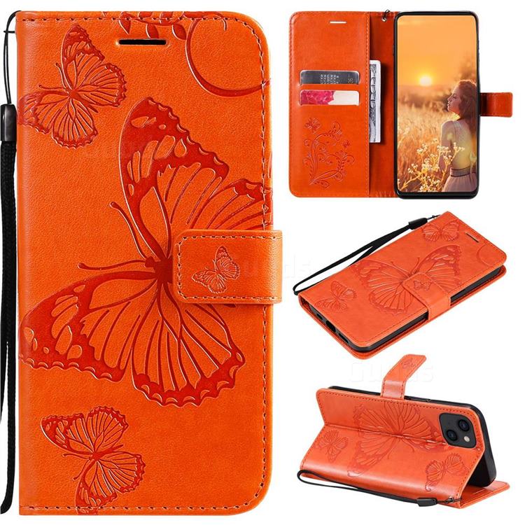 Embossing 3D Butterfly Leather Wallet Case for iPhone 13 (6.1 inch) - Orange