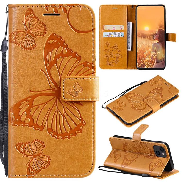 Embossing 3D Butterfly Leather Wallet Case for iPhone 13 (6.1 inch) - Yellow