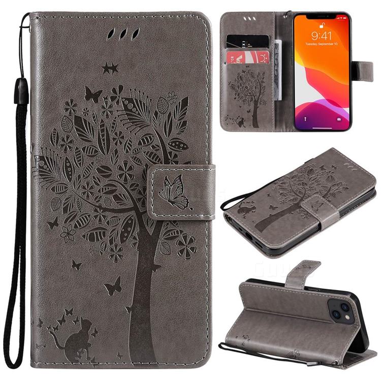 Embossing Butterfly Tree Leather Wallet Case for iPhone 13 (6.1 inch) - Grey