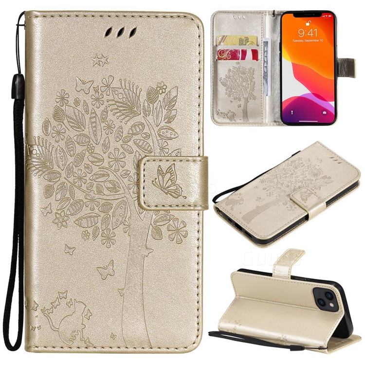 Embossing Butterfly Tree Leather Wallet Case for iPhone 13 (6.1 inch) - Champagne
