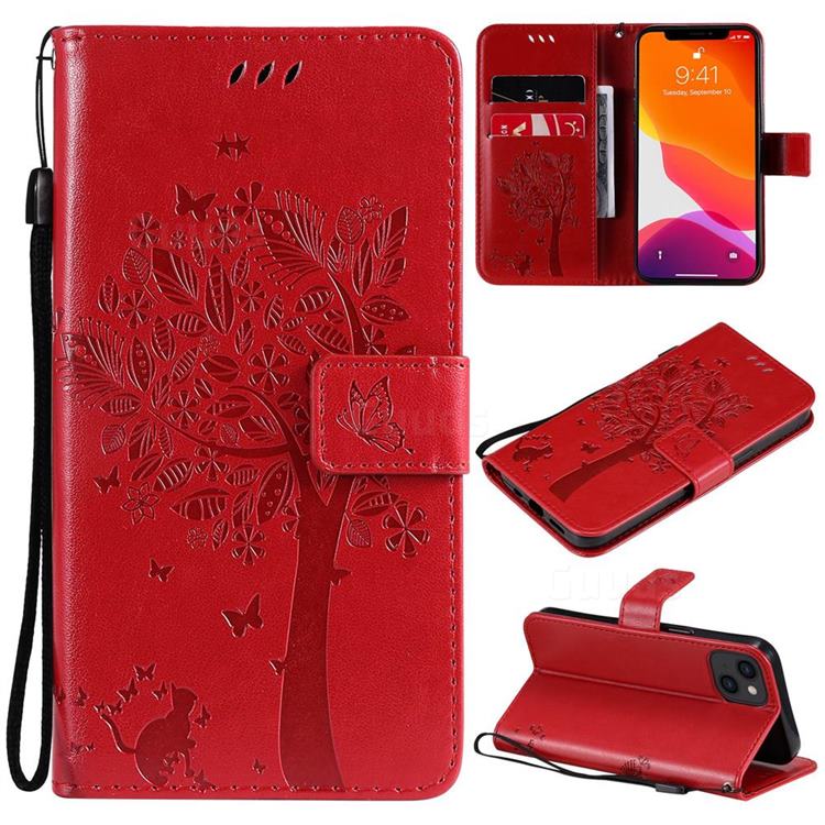 Embossing Butterfly Tree Leather Wallet Case for iPhone 13 (6.1 inch) - Red