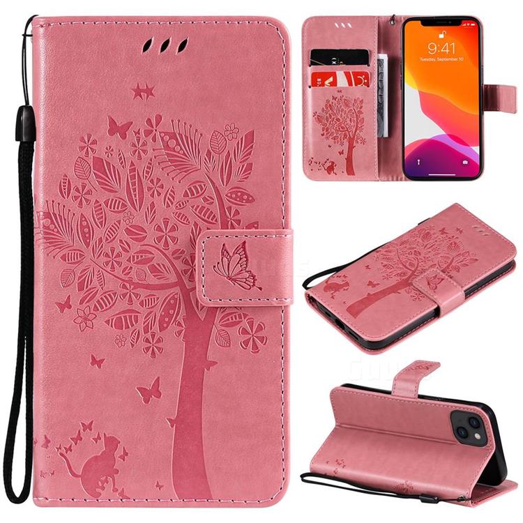 Embossing Butterfly Tree Leather Wallet Case for iPhone 13 (6.1 inch) - Pink