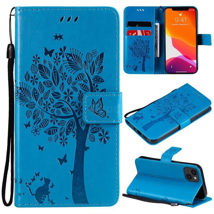 Embossing Butterfly Tree Leather Wallet Case for iPhone 13 (6.1 inch) - Blue