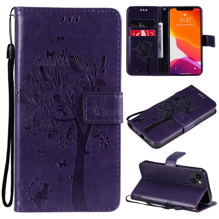 Embossing Butterfly Tree Leather Wallet Case for iPhone 13 (6.1 inch) - Purple