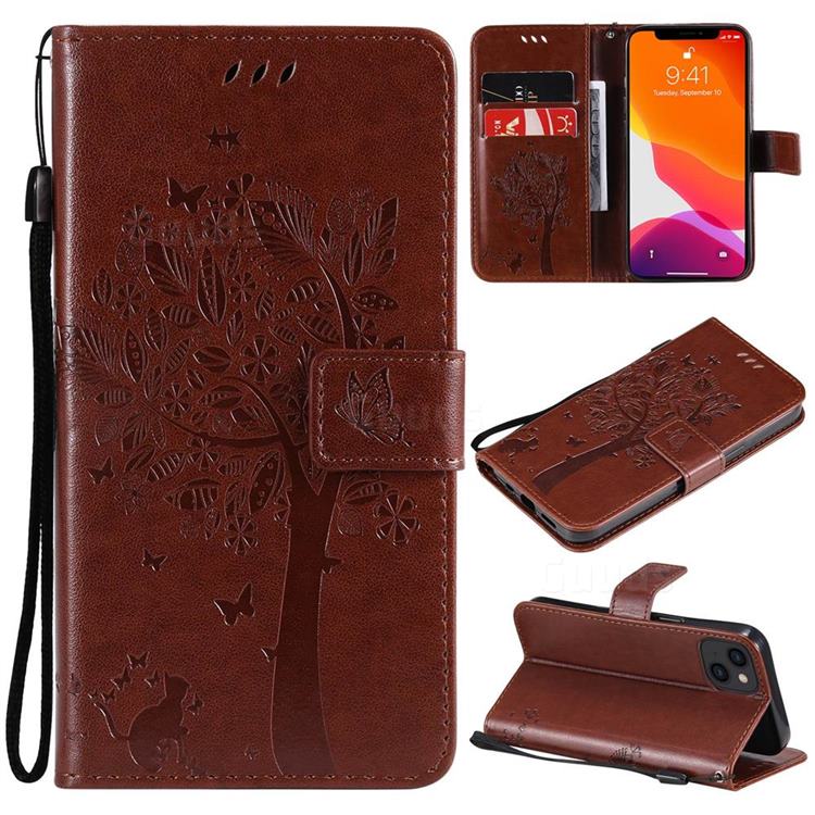 Embossing Butterfly Tree Leather Wallet Case for iPhone 13 (6.1 inch) - Coffee