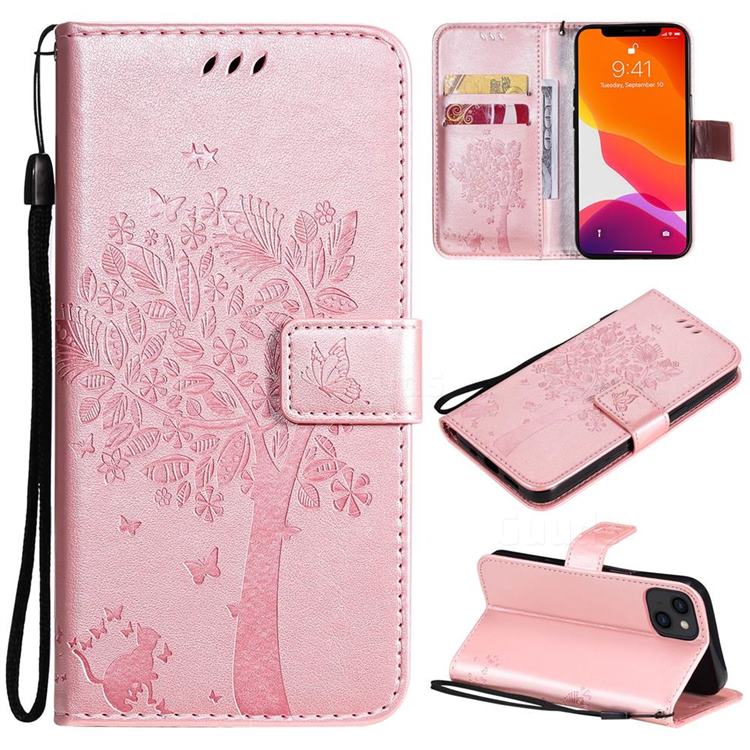 Embossing Butterfly Tree Leather Wallet Case for iPhone 13 (6.1 inch) - Rose Pink