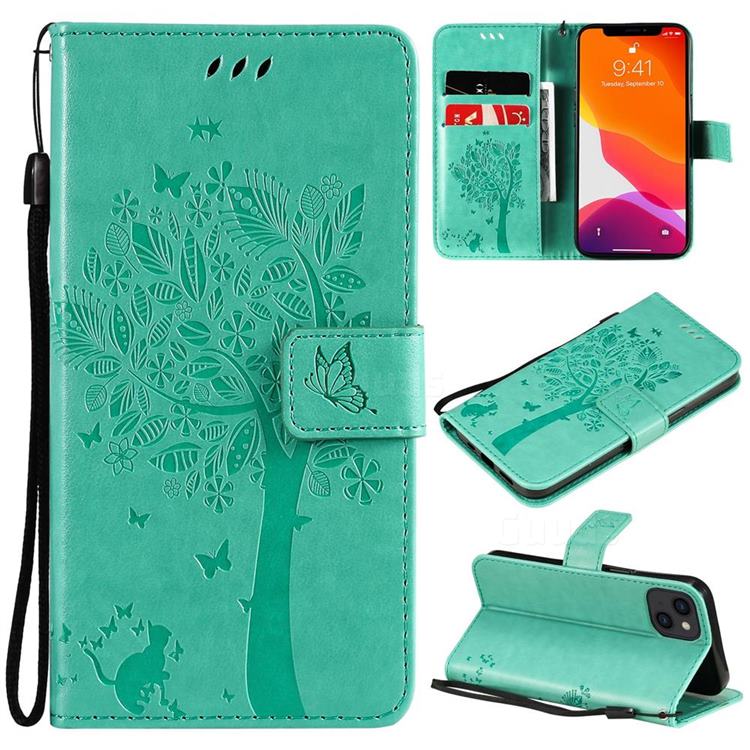 Embossing Butterfly Tree Leather Wallet Case for iPhone 13 (6.1 inch) - Cyan