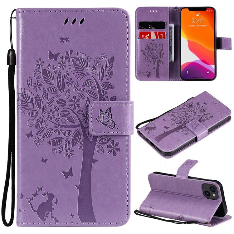 Embossing Butterfly Tree Leather Wallet Case for iPhone 13 (6.1 inch) - Violet