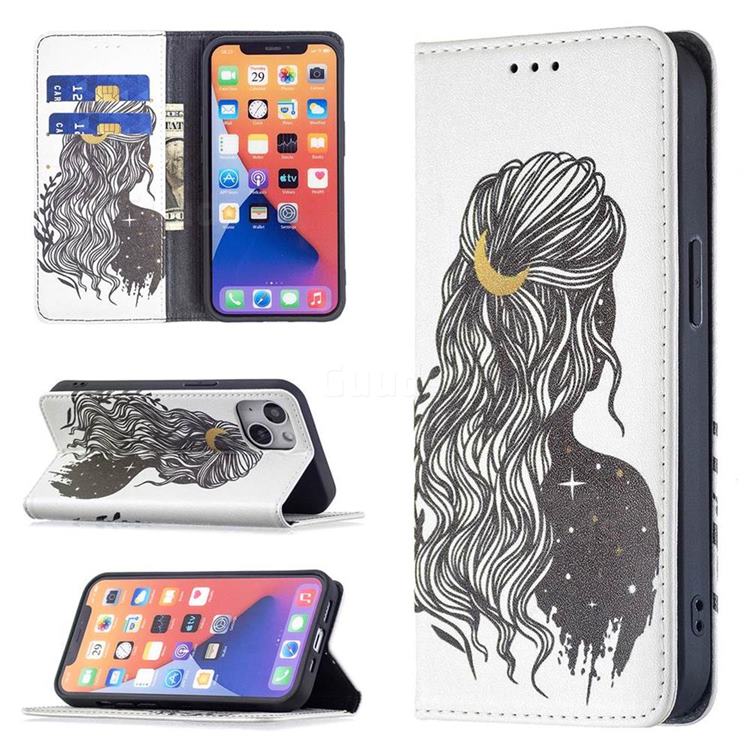 Girl with Long Hair Slim Magnetic Attraction Wallet Flip Cover for iPhone 13 (6.1 inch)
