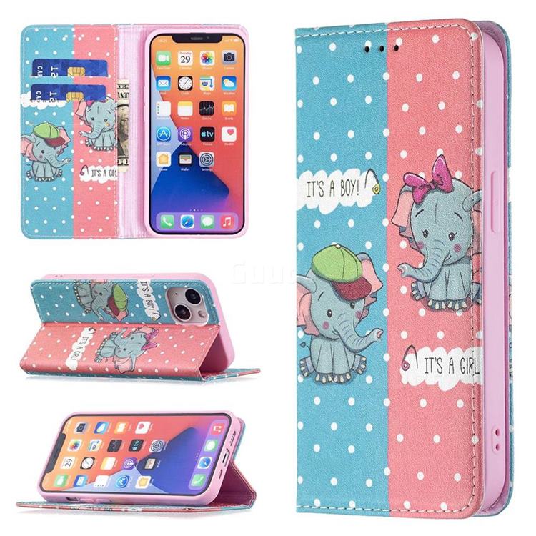 Elephant Boy and Girl Slim Magnetic Attraction Wallet Flip Cover for iPhone 13 (6.1 inch)