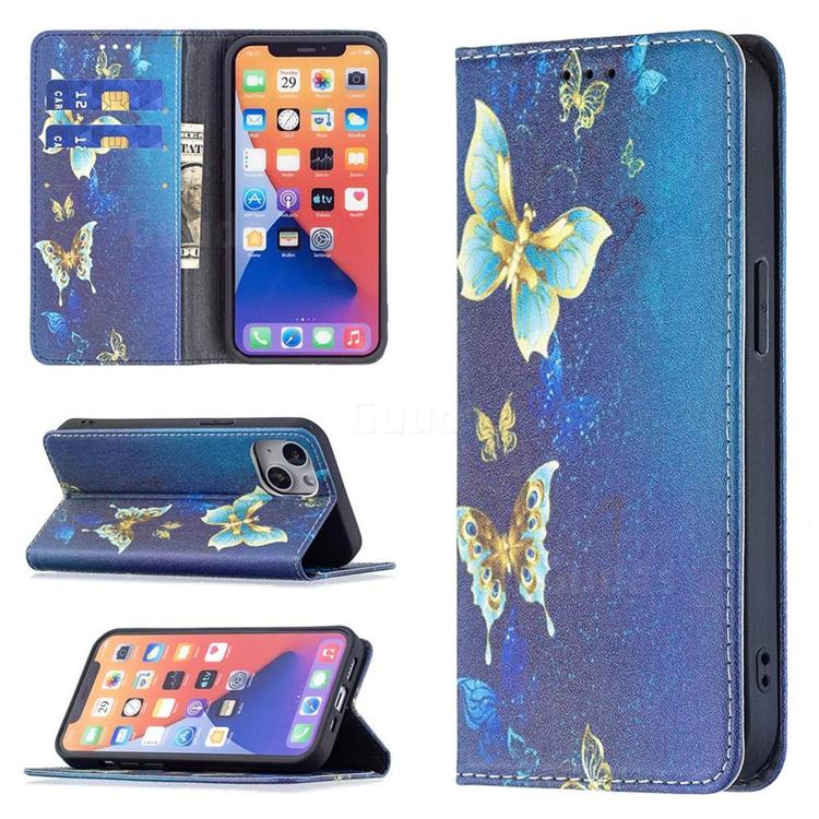 Gold Butterfly Slim Magnetic Attraction Wallet Flip Cover for iPhone 13 (6.1 inch)