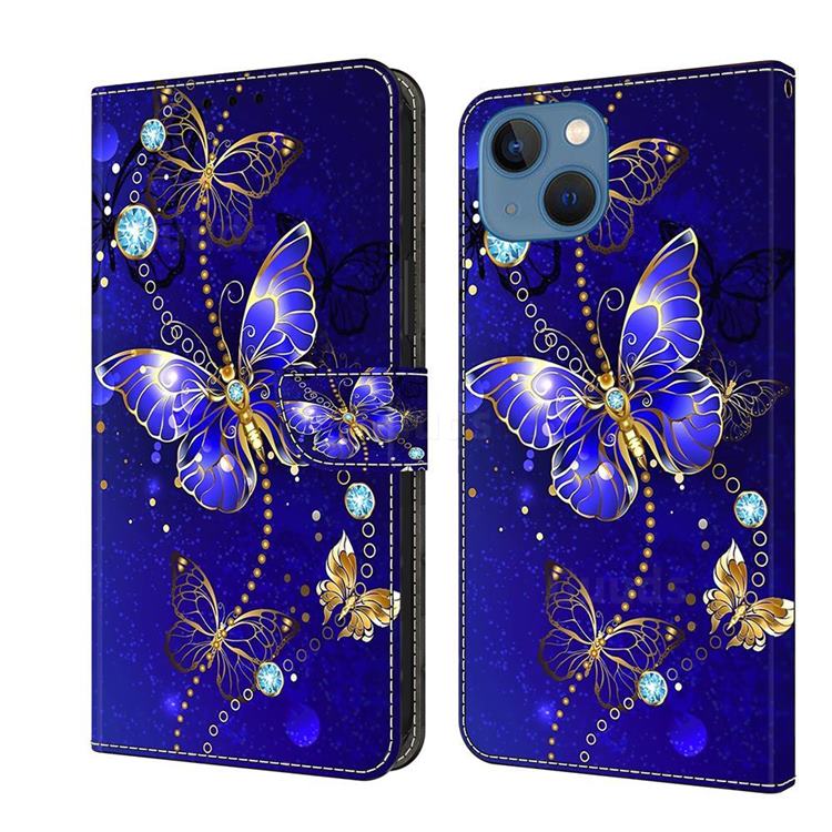 Blue Diamond Butterfly Crystal PU Leather Protective Wallet Case Cover for iPhone 13 (6.1 inch)