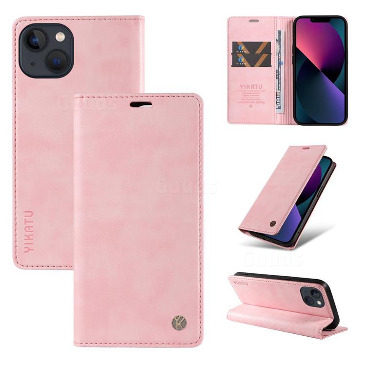YIKATU Litchi Card Magnetic Automatic Suction Leather Flip Cover for iPhone 13 (6.1 inch) - Pink
